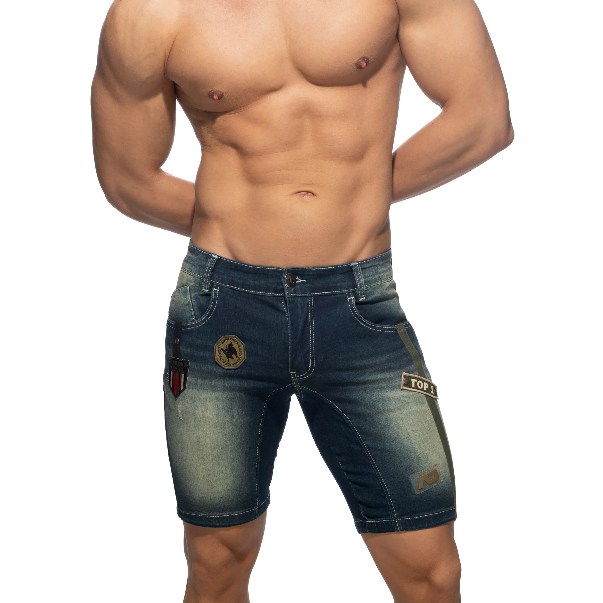 Addicted Bermuda Jeans with Patches Dark Jeans AD1096 - Image 2