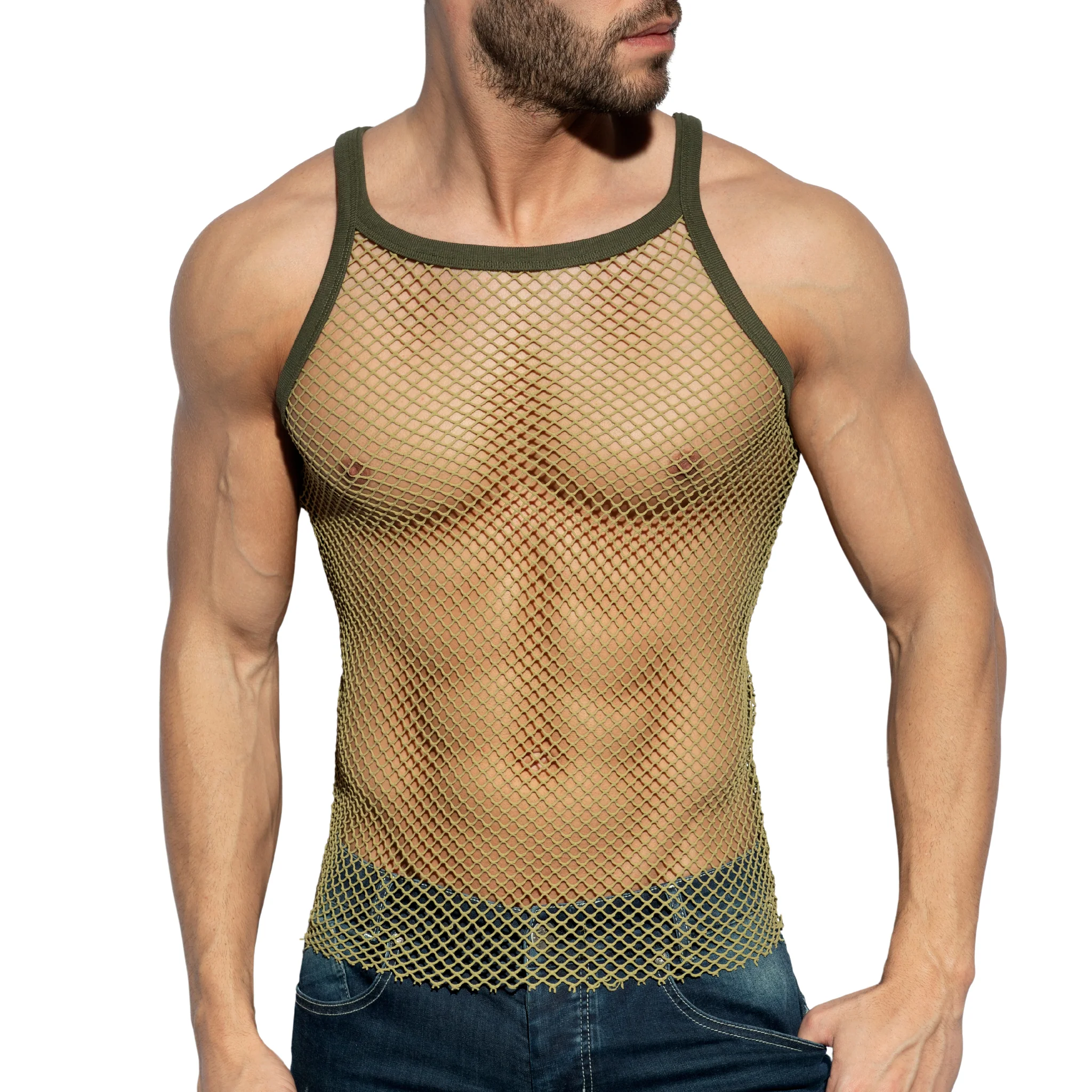 ES Collection Beachy Net Strap Tank Top Khaki TS336 - Image 2