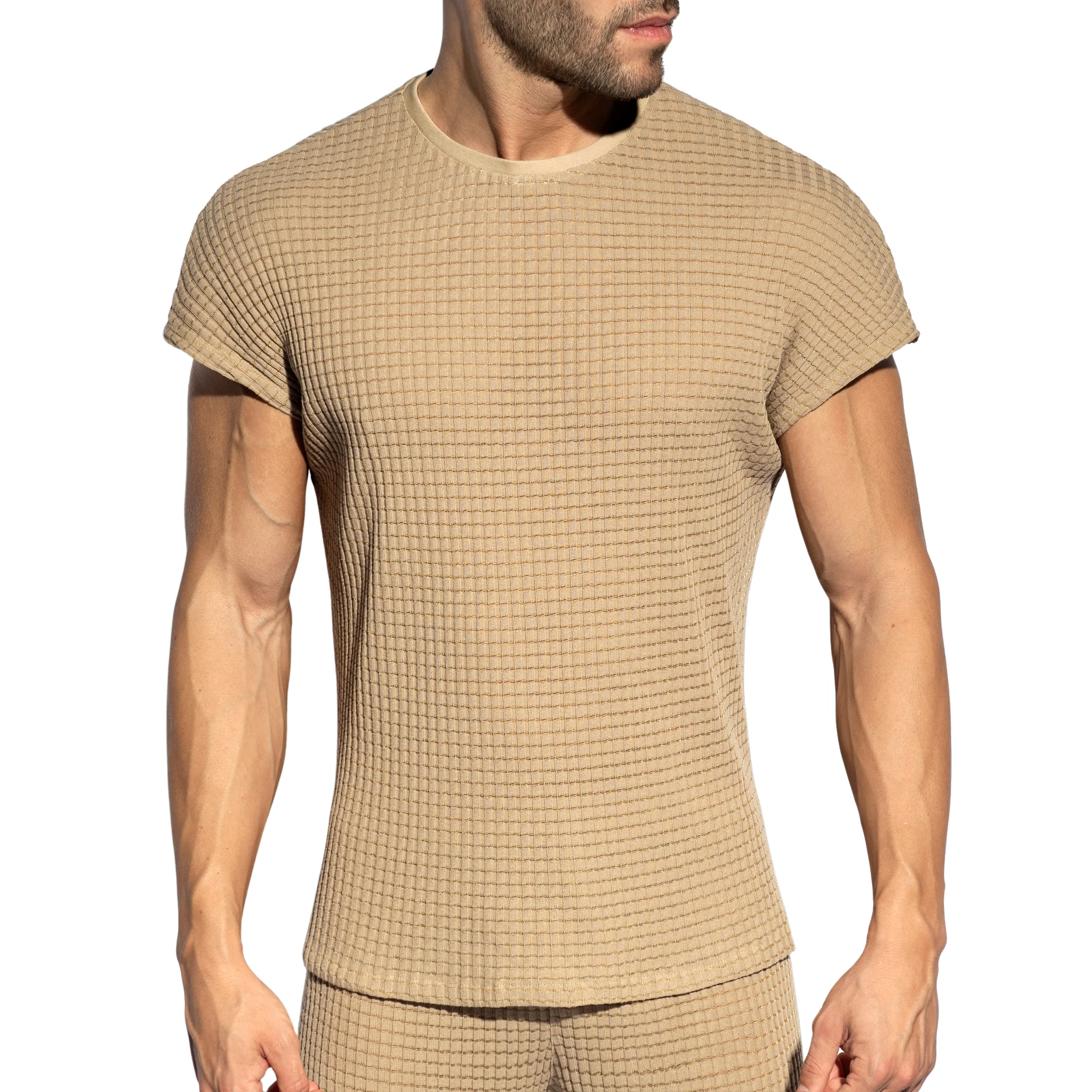 ES Collection Checkmate Relaxed Sleeveless T-Shirt Beige TS341 - Image 2
