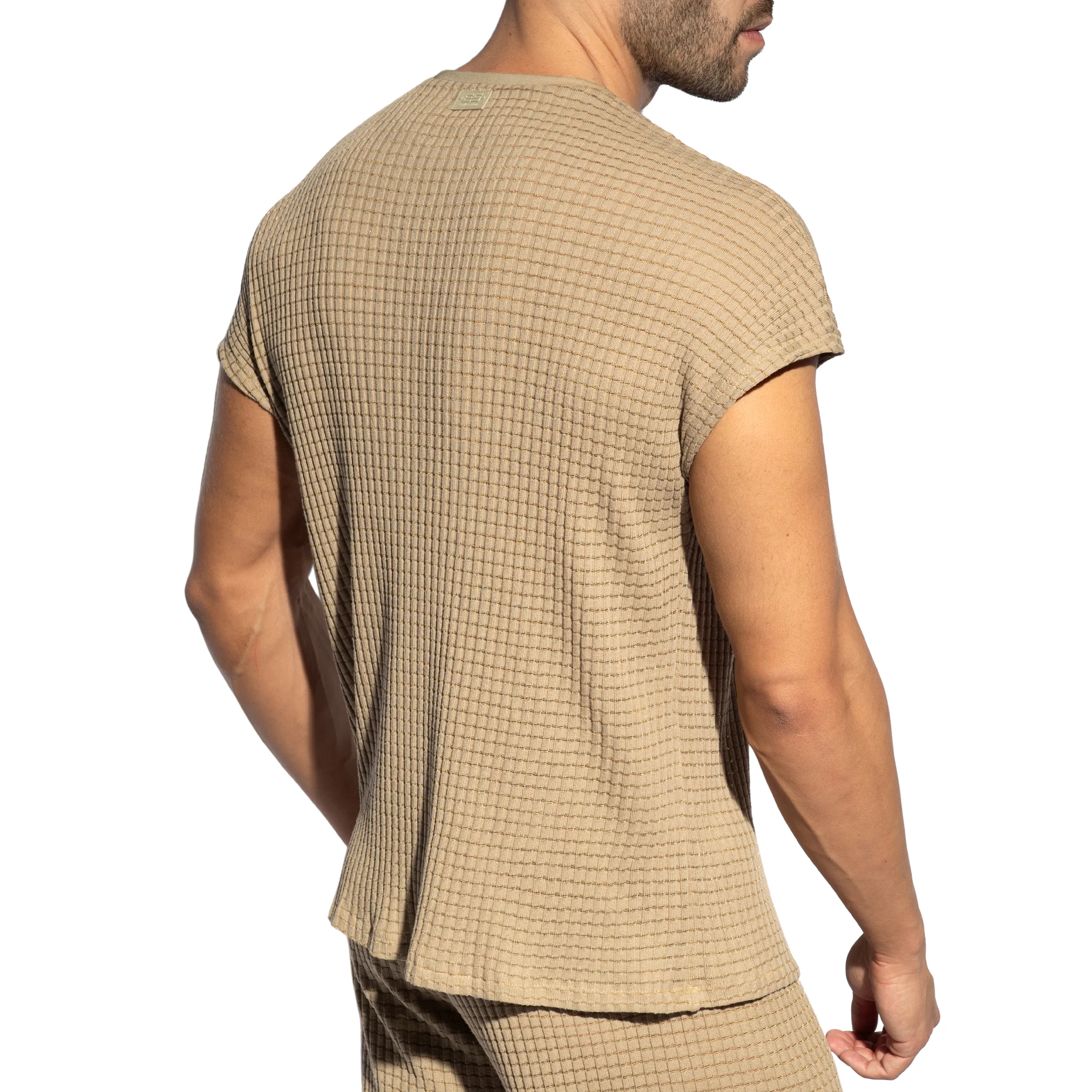 ES Collection Checkmate Relaxed Sleeveless T-Shirt Beige TS341 - Image 3