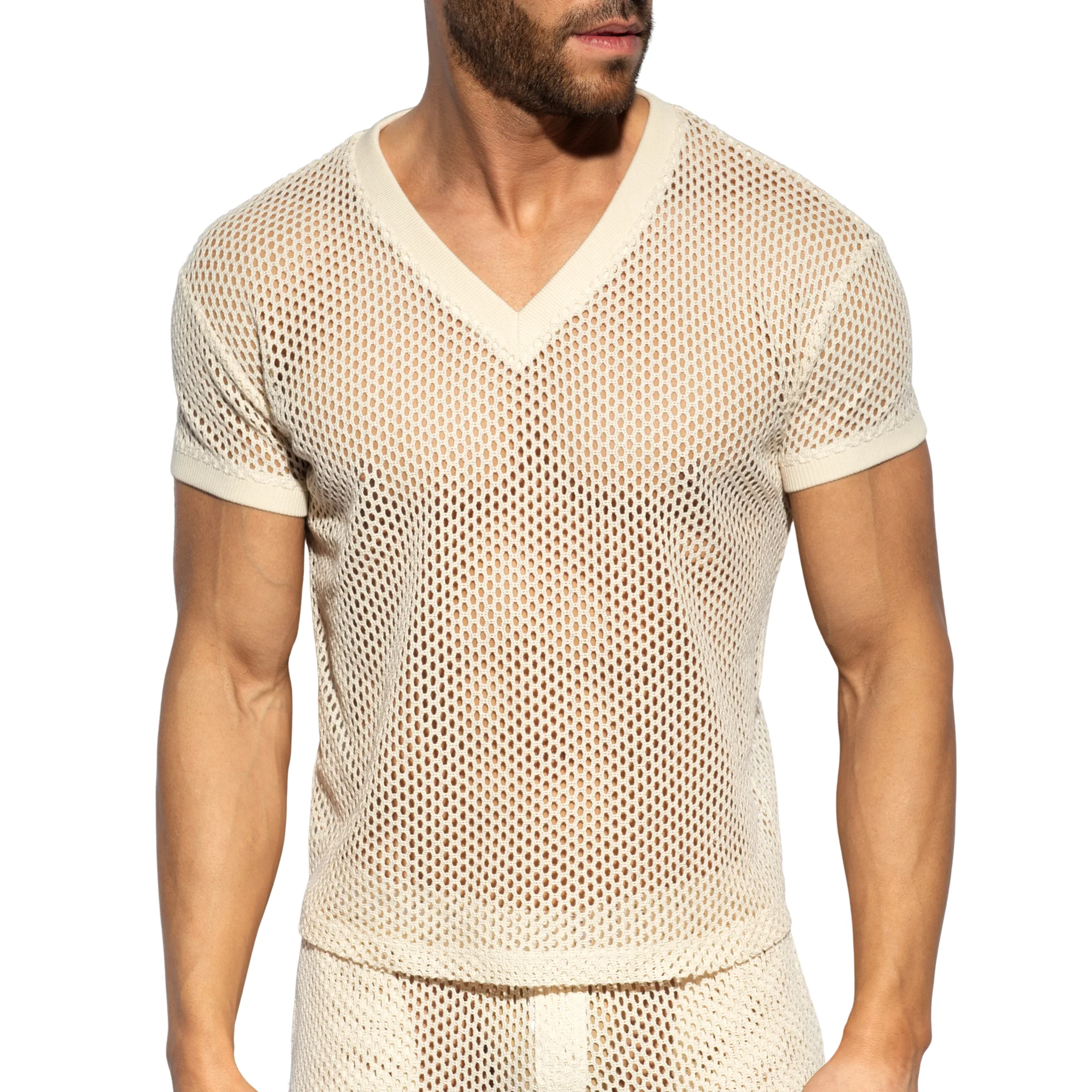 ES Collection Raw Crochet V-Neck T-Shirt Beige TS351 - Image 2