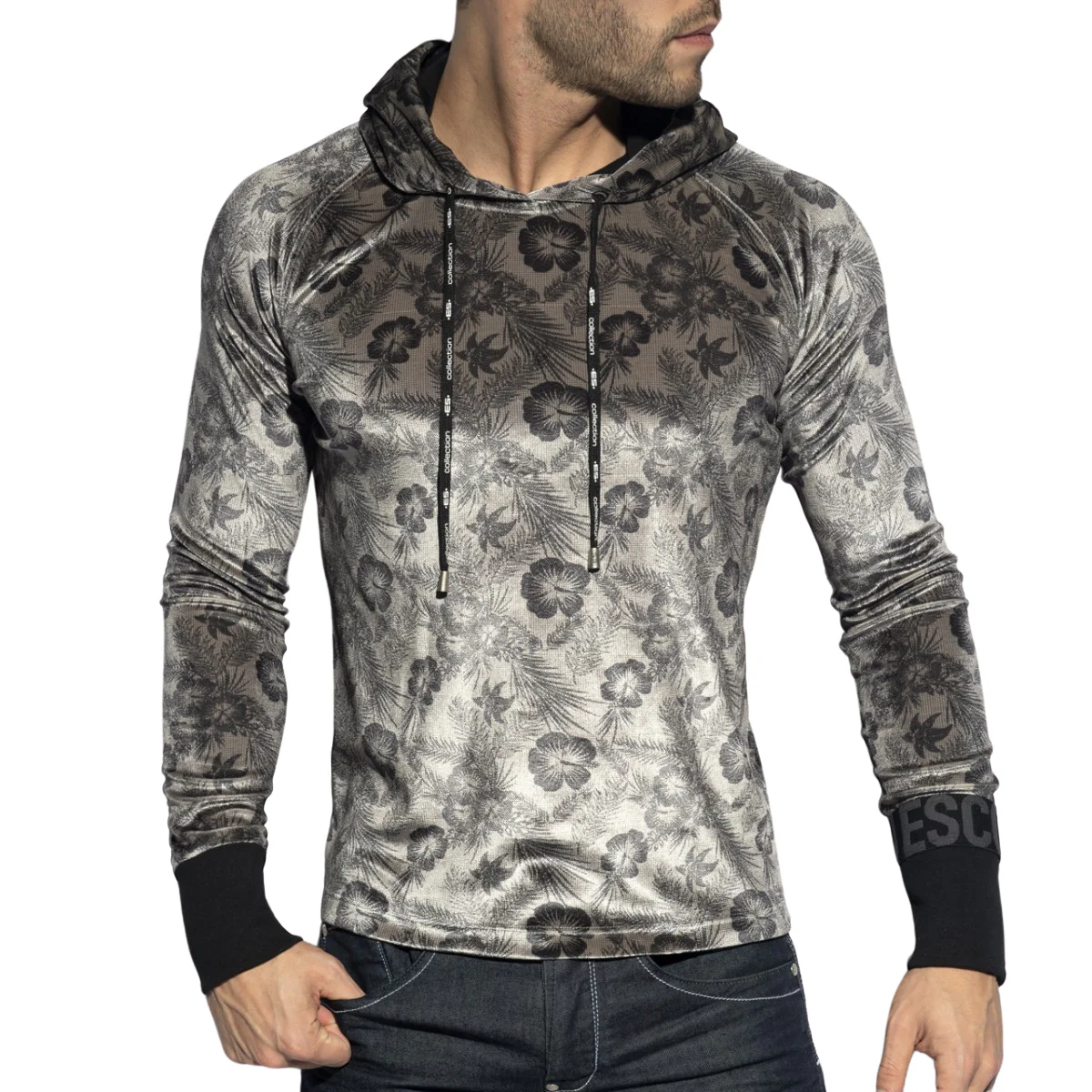 ES Collection Velvet Flowery Hoodie Black SP262 - Image 2